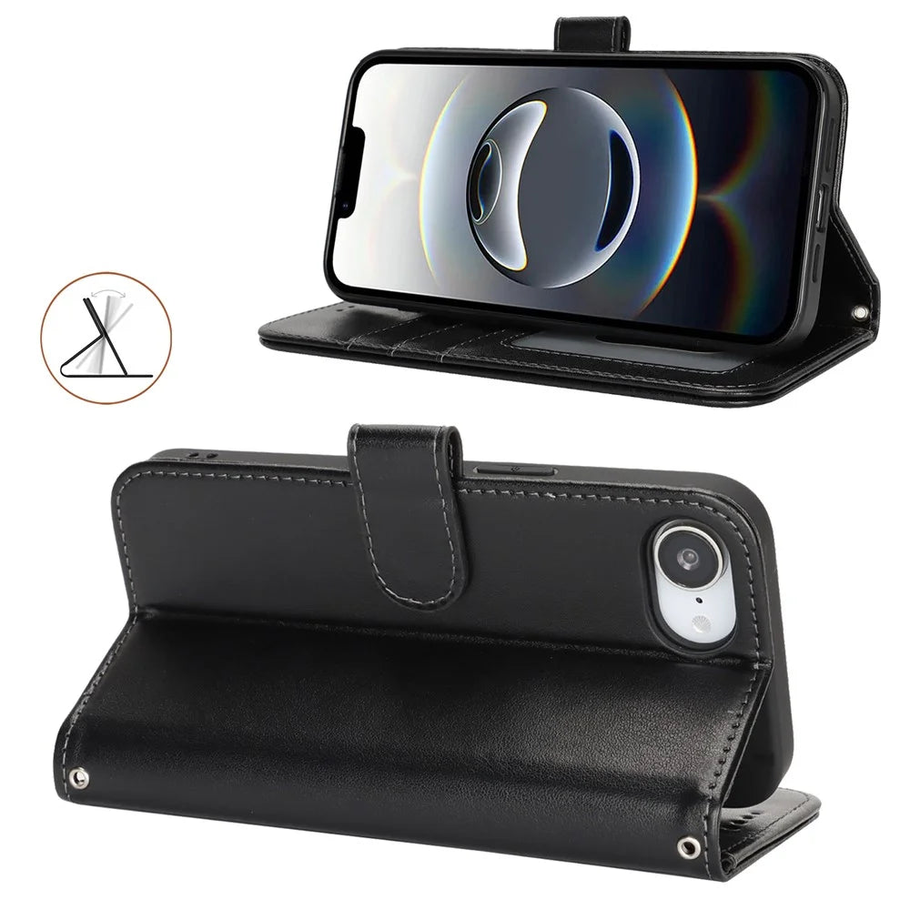 For iPhone 17e / 16e Case Textured Leather Wallet Phone Cover with Strap - Black - 2