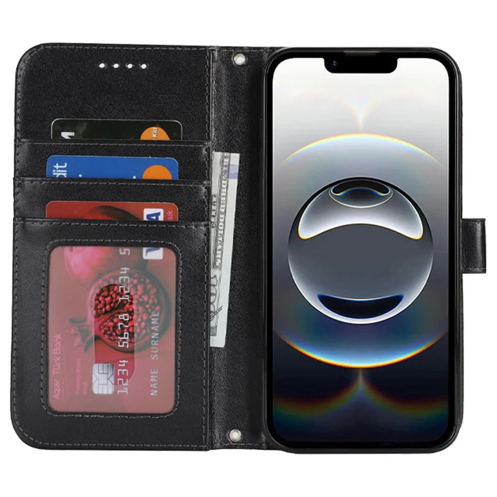 For iPhone 17e / 16e Case Textured Leather Wallet Phone Cover with Strap - Black - 3