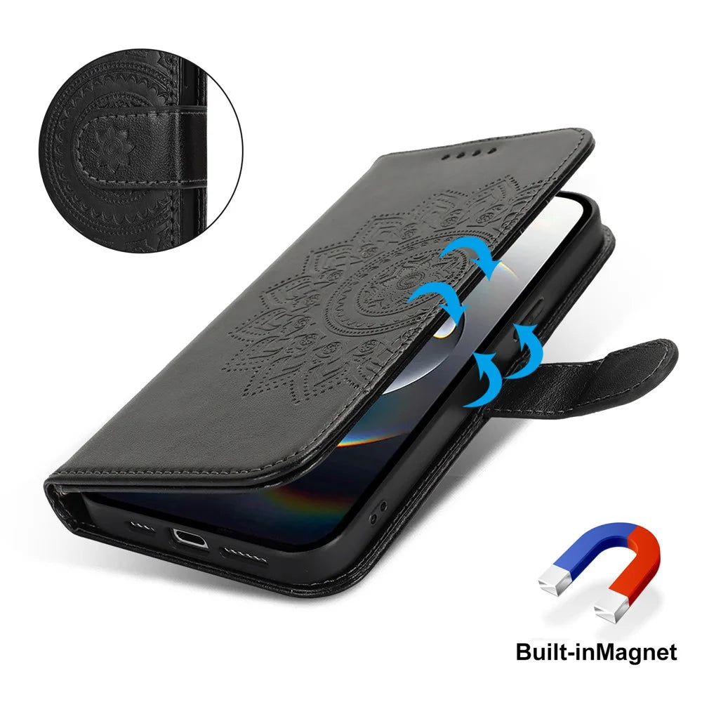 For iPhone 17e / 16e Case Textured Leather Wallet Phone Cover with Strap - Black - 4