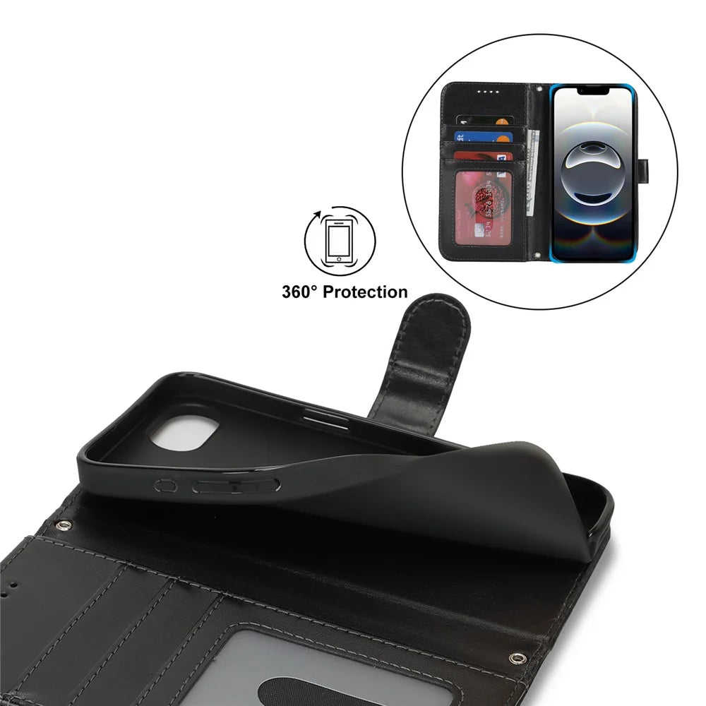For iPhone 17e / 16e Case Textured Leather Wallet Phone Cover with Strap - Black - 5