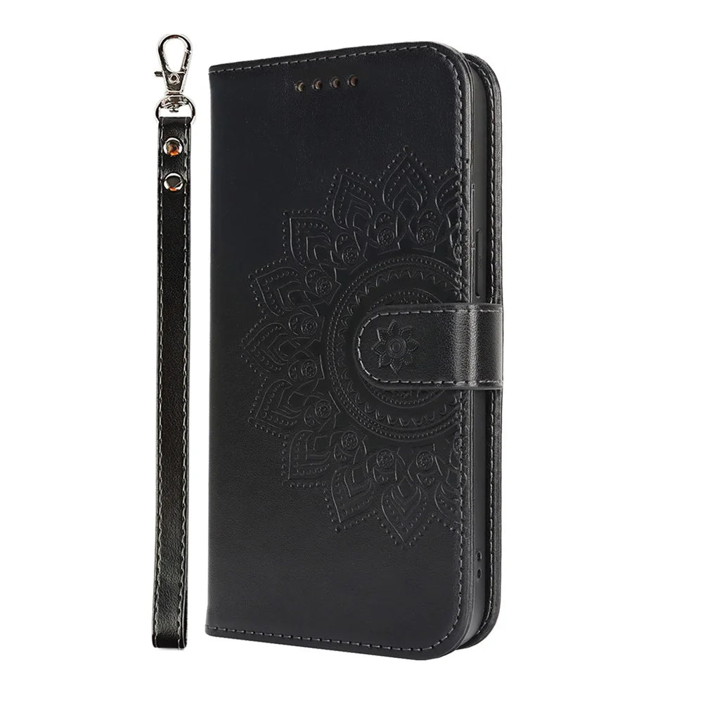 For iPhone 17e / 16e Case Textured Leather Wallet Phone Cover with Strap - Black - 7