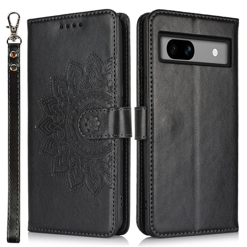For Google Pixel 7a Case Textured Leather Wallet Phone Cover with Strap - Black - 1