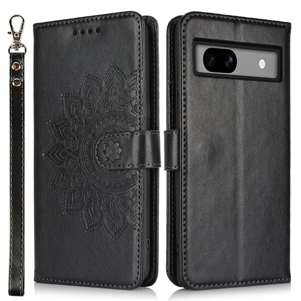 For Google Pixel 7a Case Textured Leather Wallet Phone Cover with Strap - Black - 1