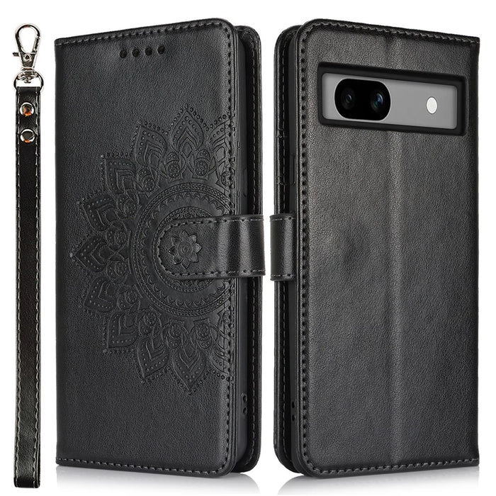 For Google Pixel 7a Case Textured Leather Wallet Phone Cover with Strap - Black - 1