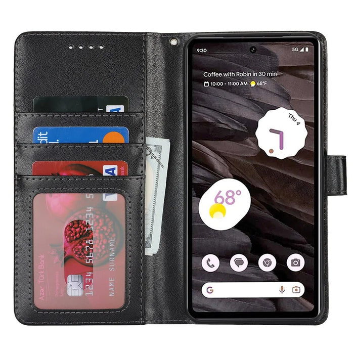 For Google Pixel 7a Case Textured Leather Wallet Phone Cover with Strap - Black - 2
