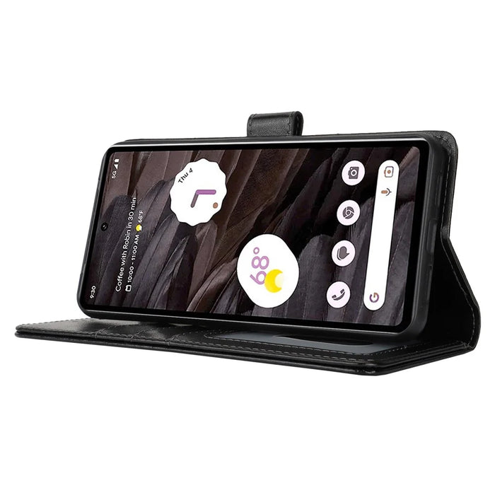For Google Pixel 7a Case Textured Leather Wallet Phone Cover with Strap - Black - 3