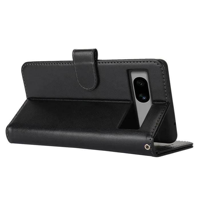 For Google Pixel 7a Case Textured Leather Wallet Phone Cover with Strap - Black - 4