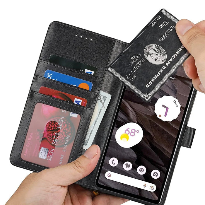 For Google Pixel 7a Case Textured Leather Wallet Phone Cover with Strap - Black - 6