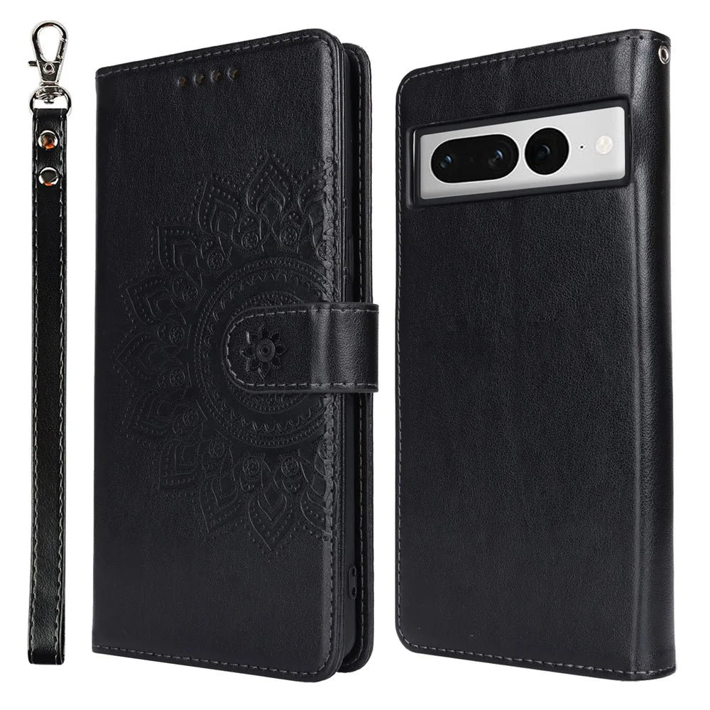For Google Pixel 7 Pro 5G Case Textured Leather Wallet Phone Cover with Strap - Black - 1