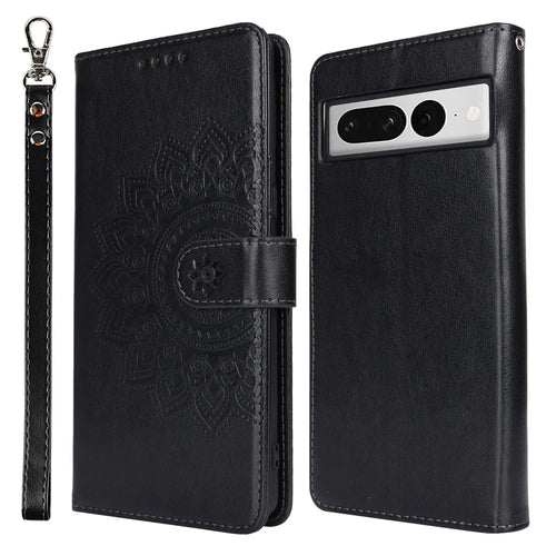 For Google Pixel 7 Pro 5G Case Textured Leather Wallet Phone Cover with Strap - Black - 1