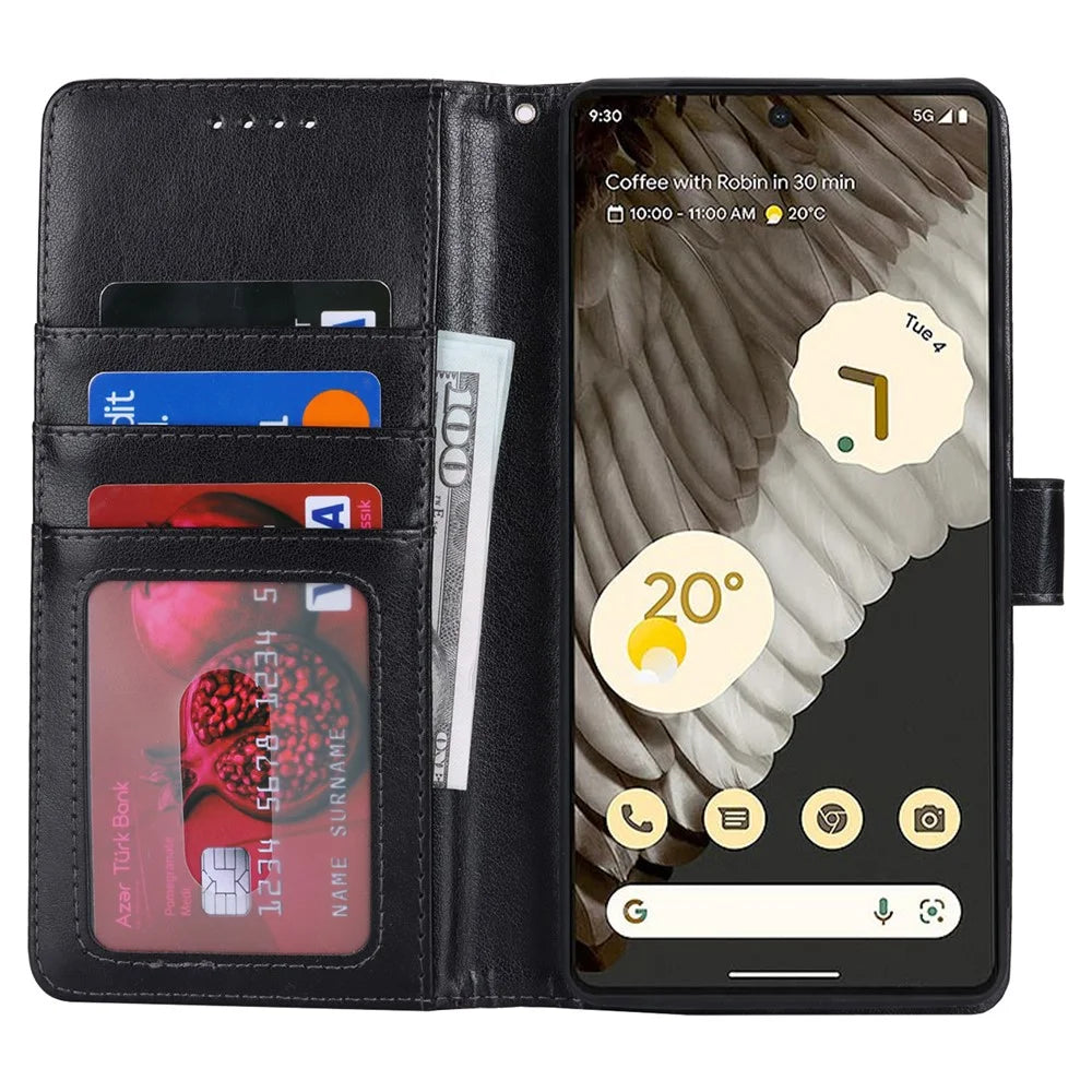 For Google Pixel 7 Pro 5G Case Textured Leather Wallet Phone Cover with Strap - Black - 2