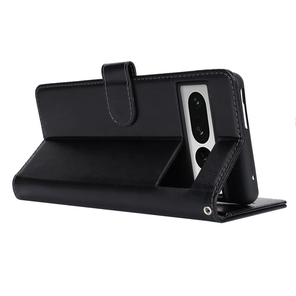 For Google Pixel 7 Pro 5G Case Textured Leather Wallet Phone Cover with Strap - Black - 3