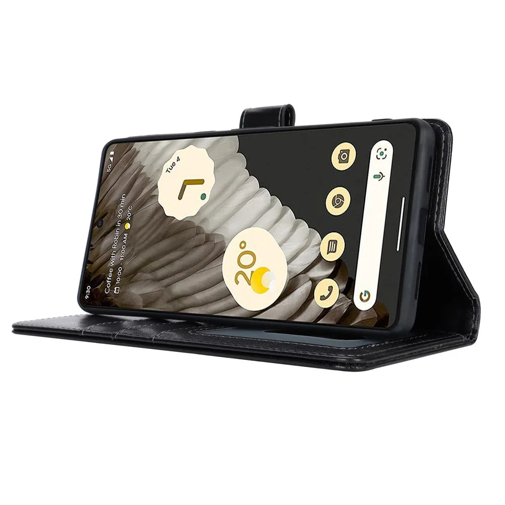 For Google Pixel 7 Pro 5G Case Textured Leather Wallet Phone Cover with Strap - Black - 4