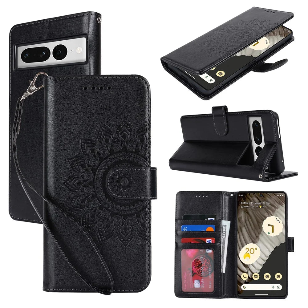 For Google Pixel 7 Pro 5G Case Textured Leather Wallet Phone Cover with Strap - Black - 6