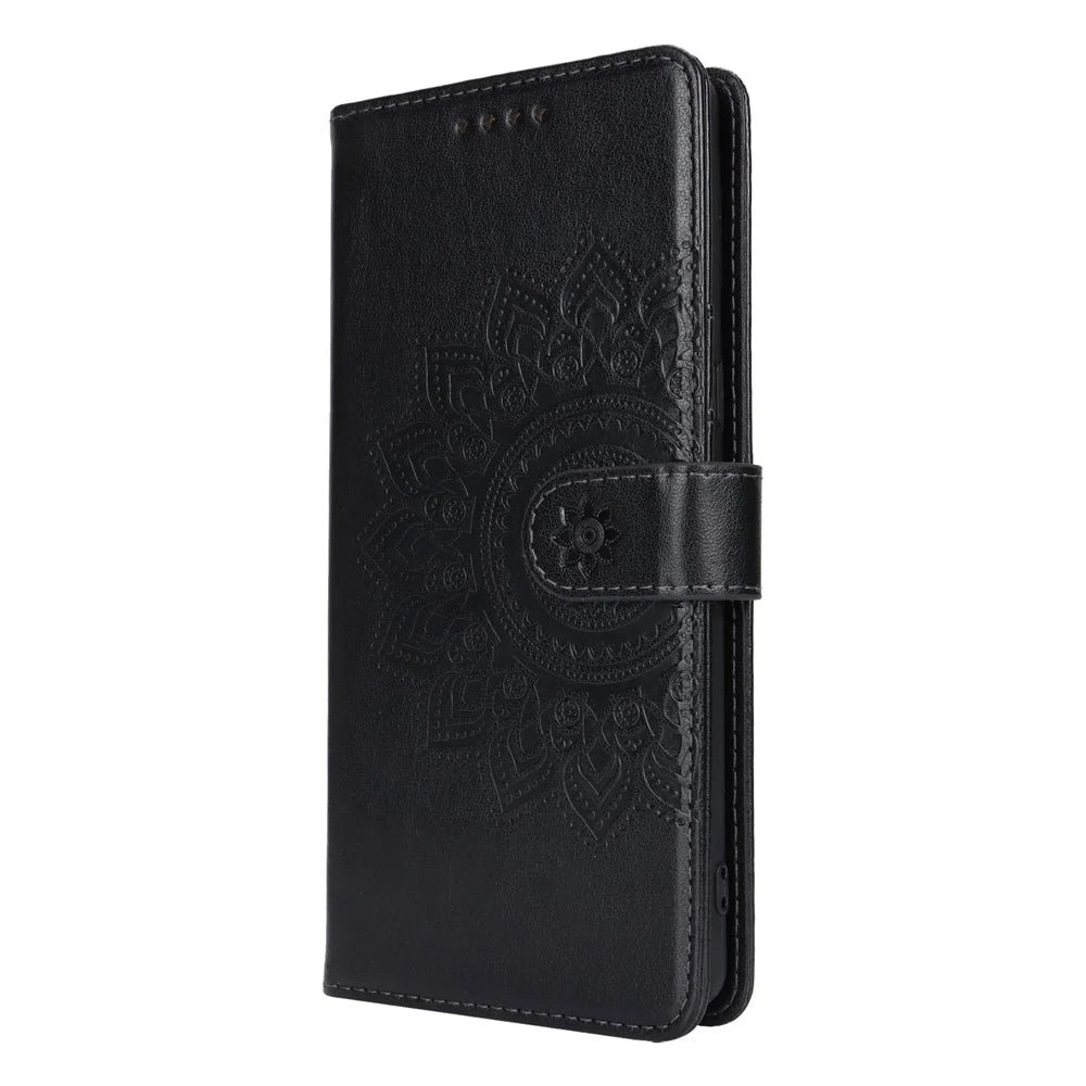 For Google Pixel 7 Pro 5G Case Textured Leather Wallet Phone Cover with Strap - Black - 7