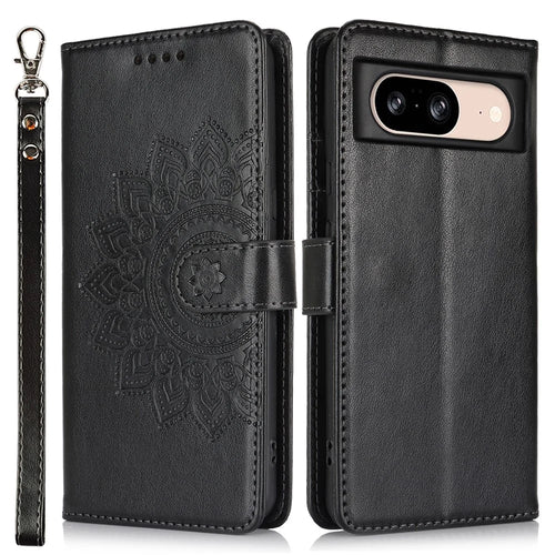 For Google Pixel 8 Case Textured Leather Wallet Phone Cover with Strap - Black - 1