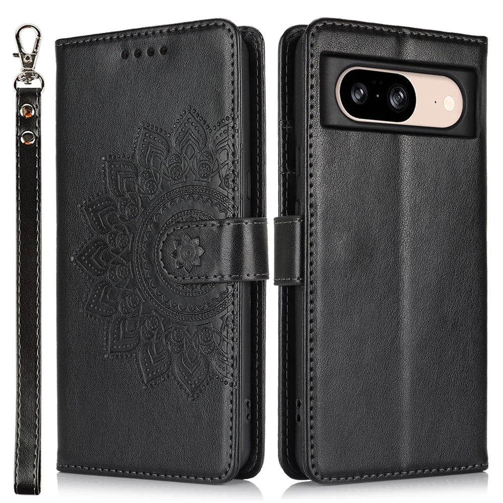 For Google Pixel 8 Case Textured Leather Wallet Phone Cover with Strap - Black - 1