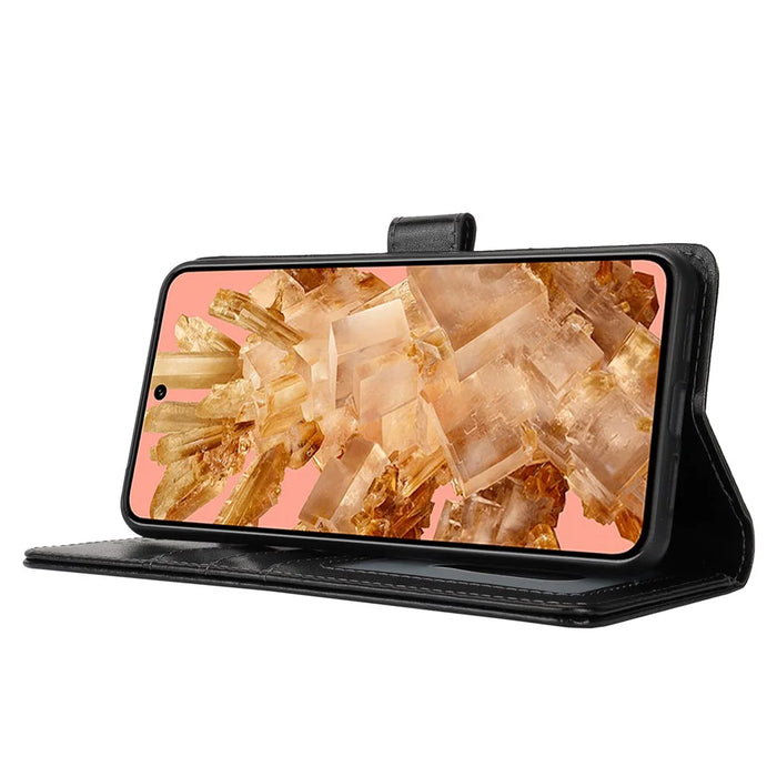 For Google Pixel 8 Case Textured Leather Wallet Phone Cover with Strap - Black - 3