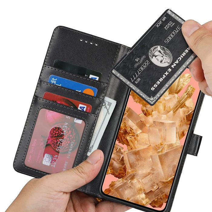 For Google Pixel 8 Case Textured Leather Wallet Phone Cover with Strap - Black - 6