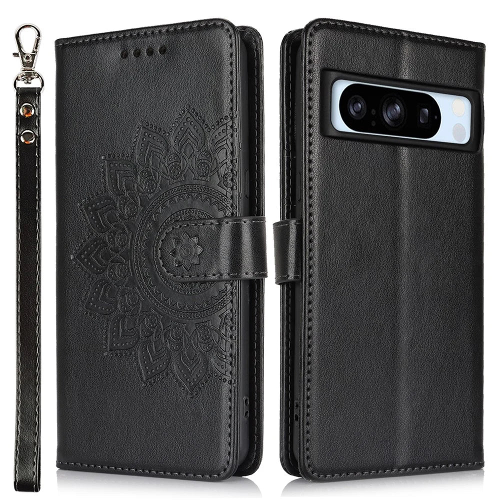 For Google Pixel 8 Pro Case Textured Leather Wallet Phone Cover with Strap - Black - 1
