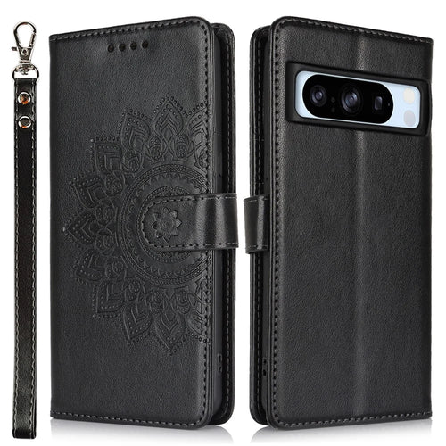 For Google Pixel 8 Pro Case Textured Leather Wallet Phone Cover with Strap - Black - 1