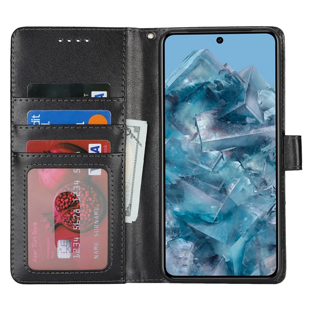 For Google Pixel 8 Pro Case Textured Leather Wallet Phone Cover with Strap - Black - 2