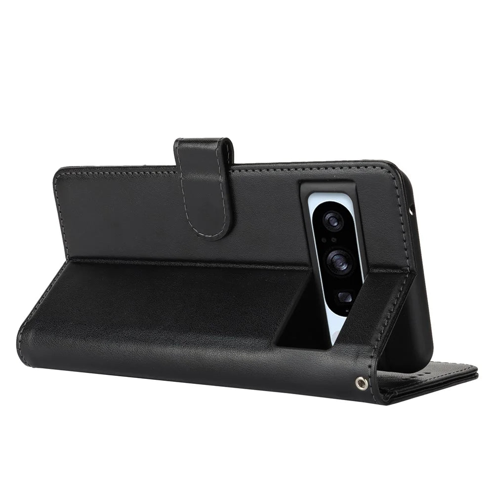 For Google Pixel 8 Pro Case Textured Leather Wallet Phone Cover with Strap - Black - 3