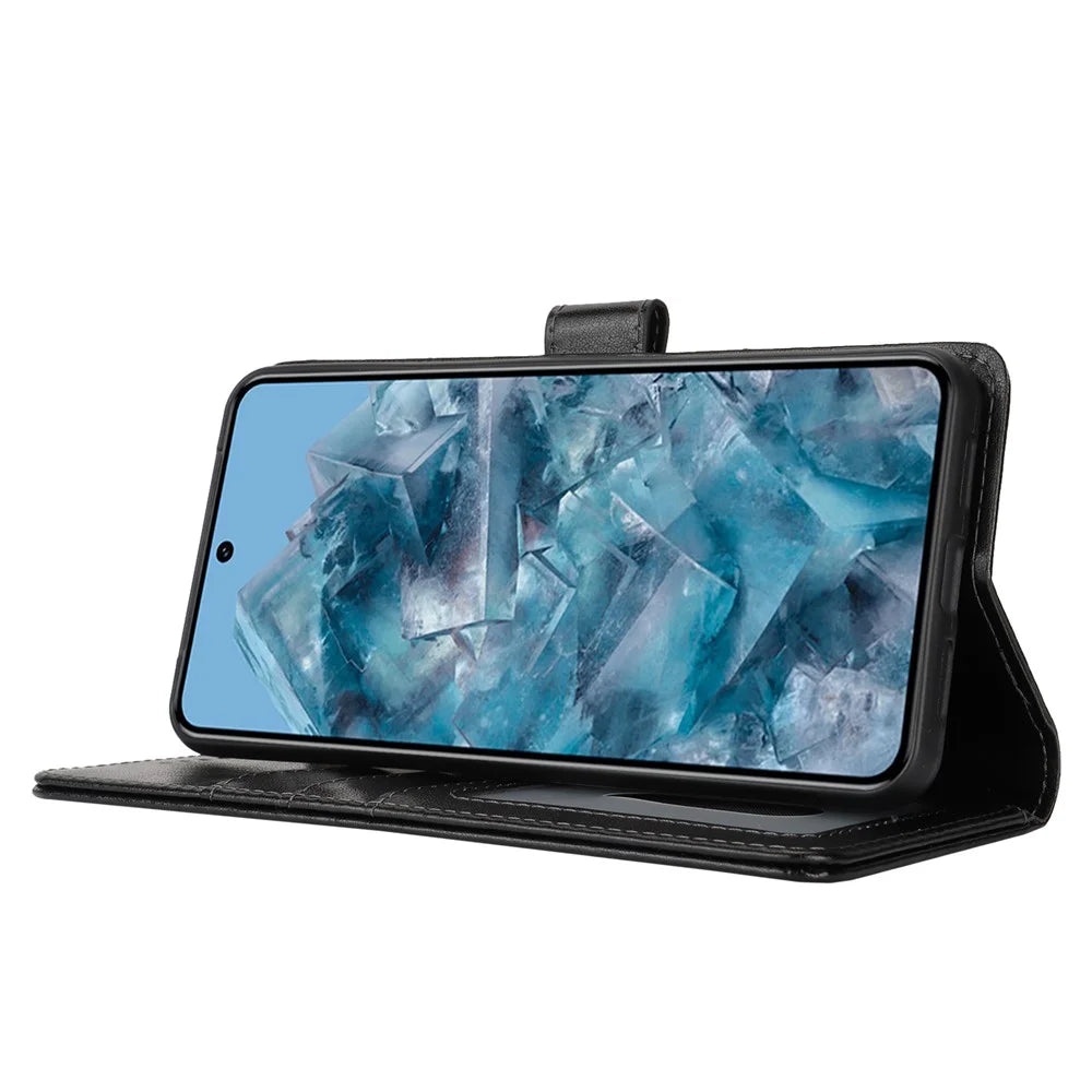 For Google Pixel 8 Pro Case Textured Leather Wallet Phone Cover with Strap - Black - 4