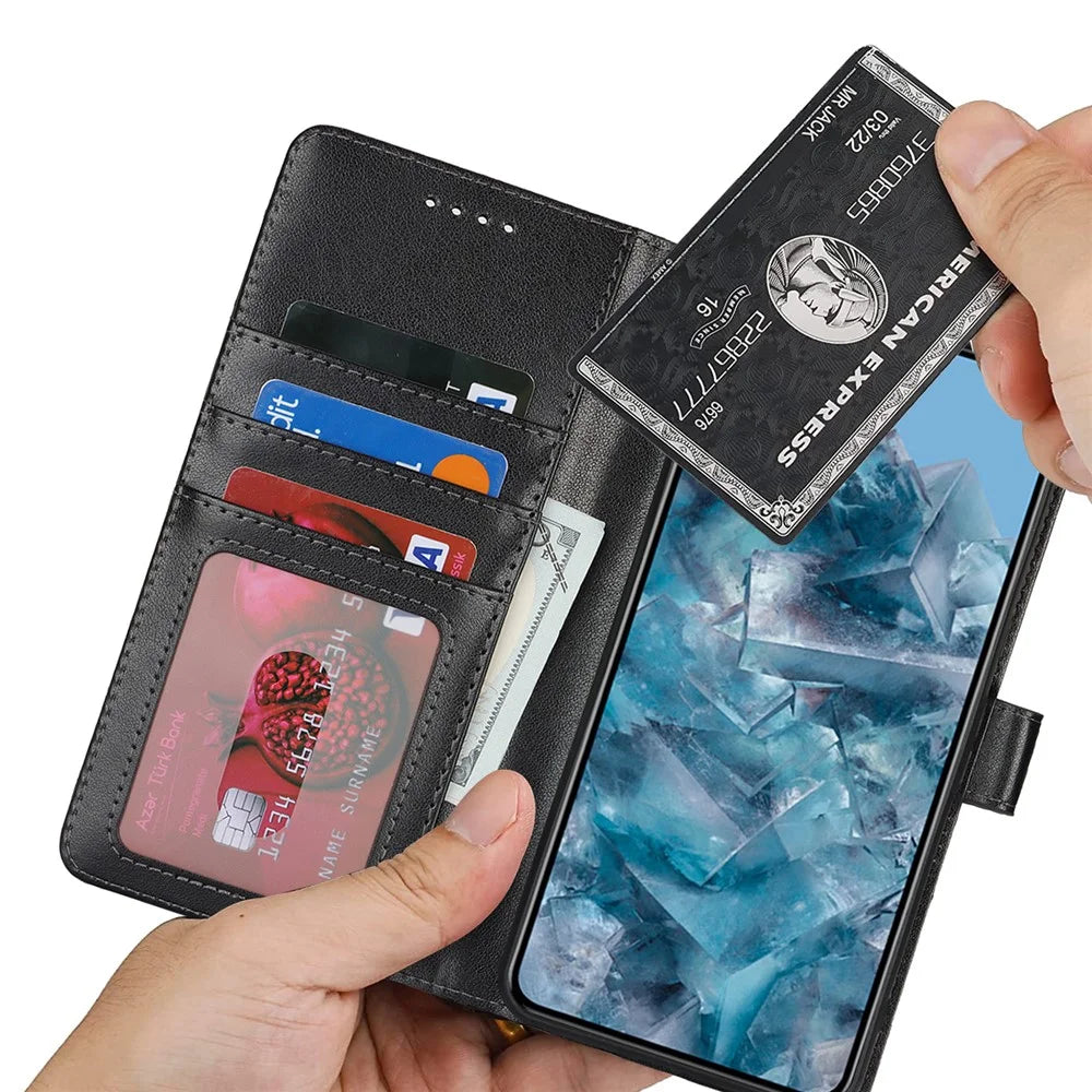 For Google Pixel 8 Pro Case Textured Leather Wallet Phone Cover with Strap - Black - 5