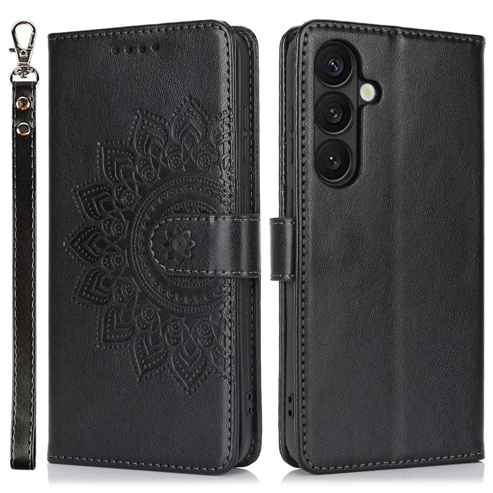 For Samsung Galaxy S24 Case Textured Leather Wallet Phone Cover with Strap - Black - 1
