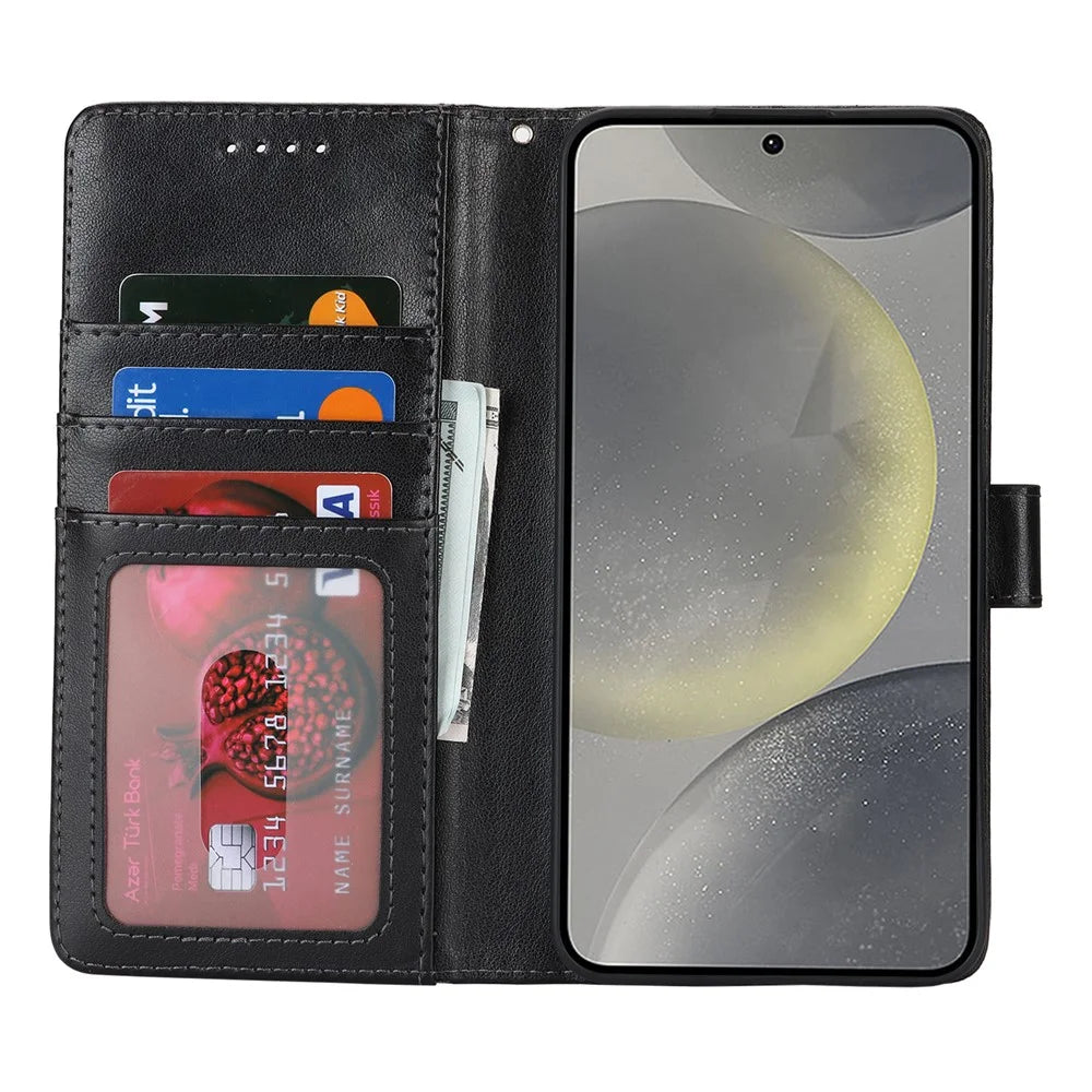 For Samsung Galaxy S24 Case Textured Leather Wallet Phone Cover with Strap - Black - 3