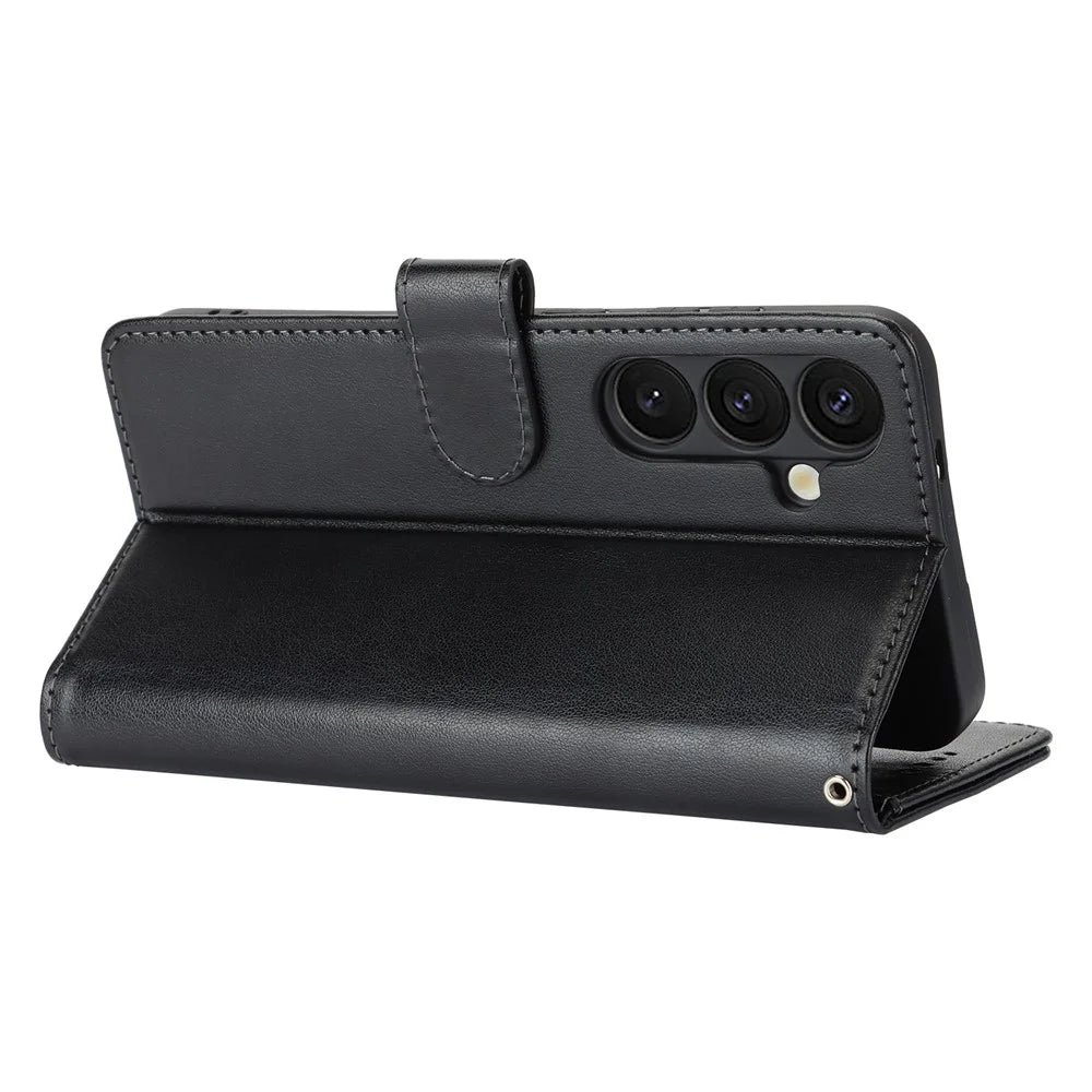 For Samsung Galaxy S24 Case Textured Leather Wallet Phone Cover with Strap - Black - 4