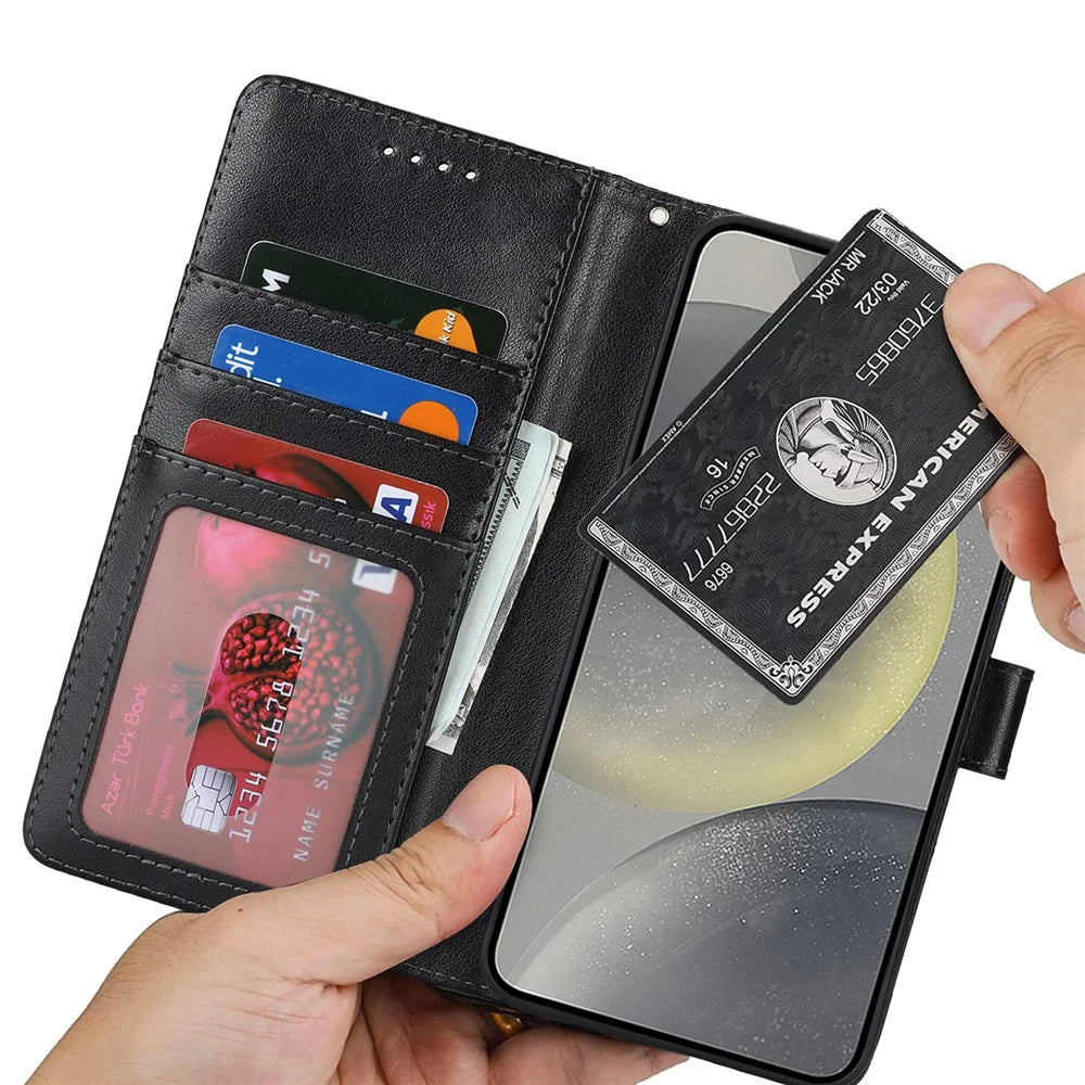 For Samsung Galaxy S24 Case Textured Leather Wallet Phone Cover with Strap - Black - 6