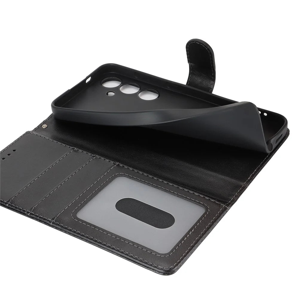 For Samsung Galaxy S24 Case Textured Leather Wallet Phone Cover with Strap - Black - 7
