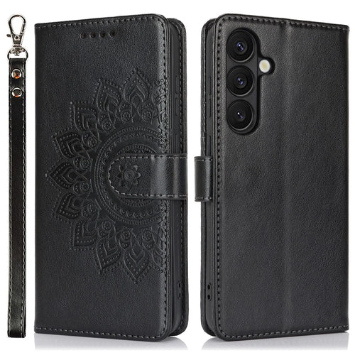 For Samsung Galaxy S24+ Stand Case Textured Leather Wallet Phone Cover with Strap - Black - 1