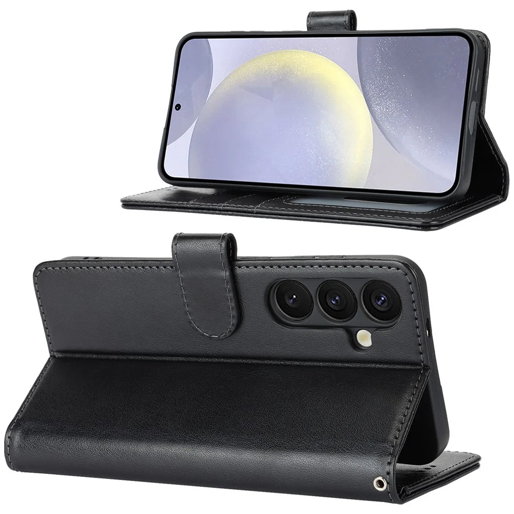 For Samsung Galaxy S24+ Stand Case Textured Leather Wallet Phone Cover with Strap - Black - 2