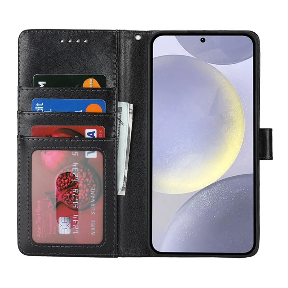 For Samsung Galaxy S24+ Stand Case Textured Leather Wallet Phone Cover with Strap - Black - 3