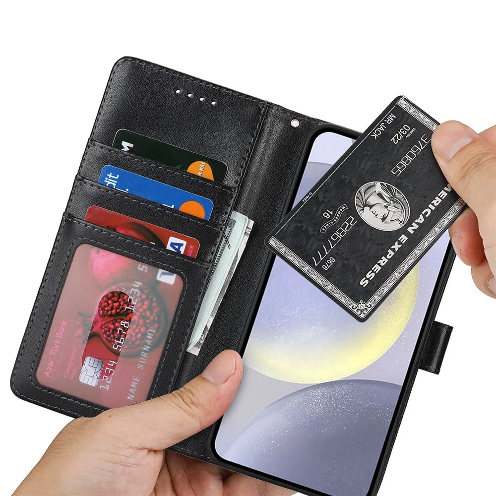 For Samsung Galaxy S24+ Stand Case Textured Leather Wallet Phone Cover with Strap - Black - 5