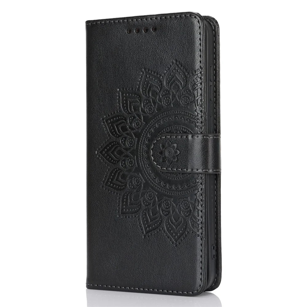 For Samsung Galaxy S24+ Stand Case Textured Leather Wallet Phone Cover with Strap - Black - 6