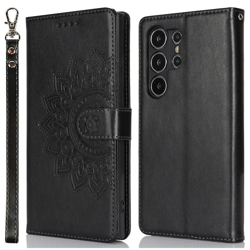 For Samsung Galaxy S24 Ultra Stand Case Textured Leather Wallet Phone Cover with Strap - Black - 1