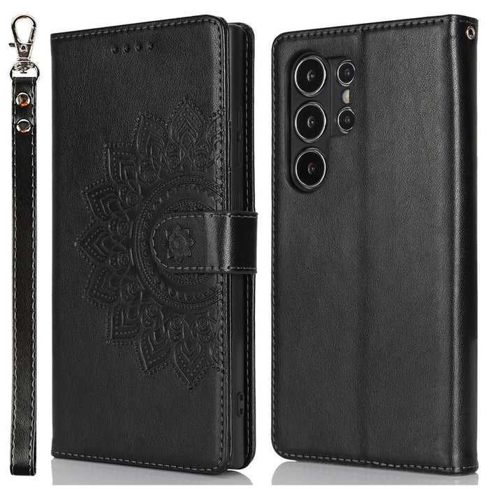 For Samsung Galaxy S24 Ultra Stand Case Textured Leather Wallet Phone Cover with Strap - Black - 1