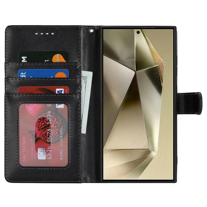 For Samsung Galaxy S24 Ultra Stand Case Textured Leather Wallet Phone Cover with Strap - Black - 2