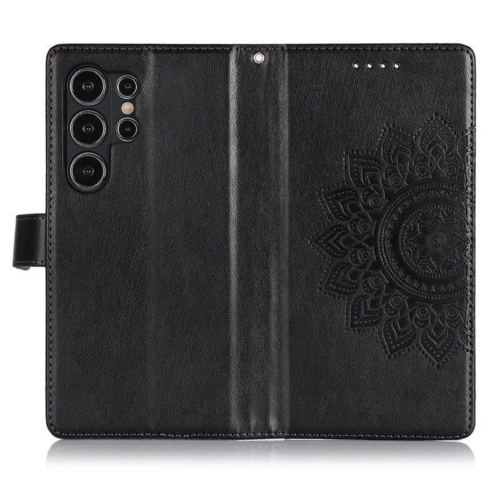 For Samsung Galaxy S24 Ultra Stand Case Textured Leather Wallet Phone Cover with Strap - Black - 3