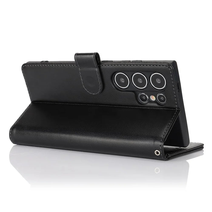 For Samsung Galaxy S24 Ultra Stand Case Textured Leather Wallet Phone Cover with Strap - Black - 4