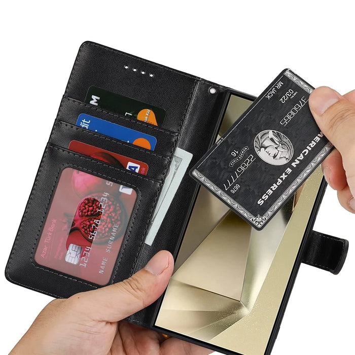 For Samsung Galaxy S24 Ultra Stand Case Textured Leather Wallet Phone Cover with Strap - Black - 6
