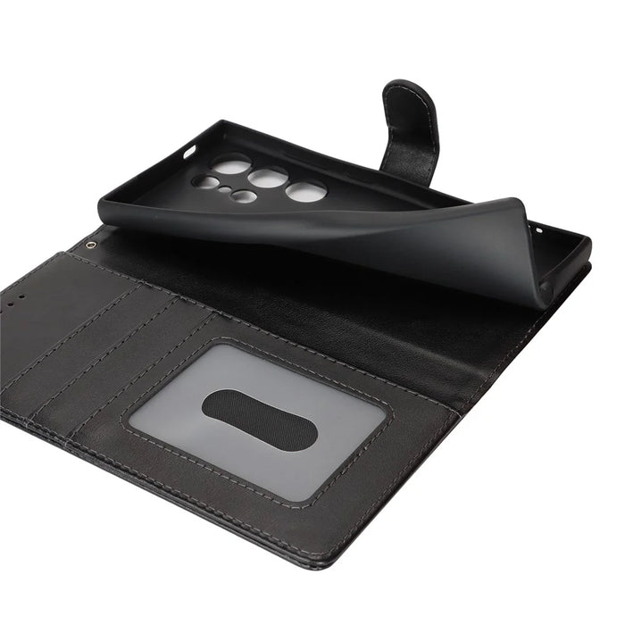 For Samsung Galaxy S24 Ultra Stand Case Textured Leather Wallet Phone Cover with Strap - Black - 7