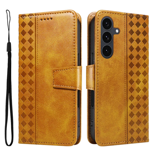For Samsung Galaxy S25 FE Leather Case Wallet Stand Grids Imprinted Phone Cover with Strap - Yellow - 1