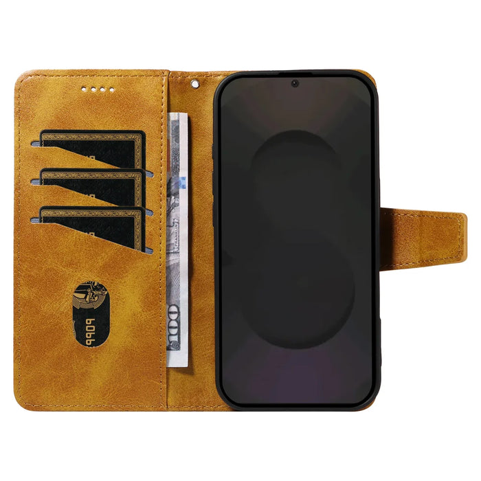 For Samsung Galaxy S25 FE Leather Case Wallet Stand Grids Imprinted Phone Cover with Strap - Yellow - 2