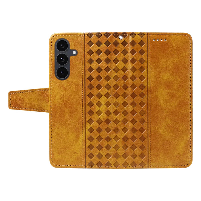 For Samsung Galaxy S25 FE Leather Case Wallet Stand Grids Imprinted Phone Cover with Strap - Yellow - 3