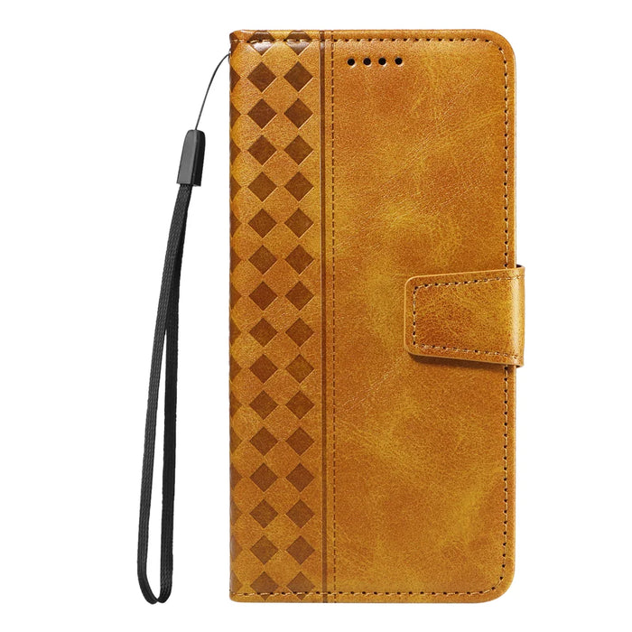 For Samsung Galaxy S25 FE Leather Case Wallet Stand Grids Imprinted Phone Cover with Strap - Yellow - 7